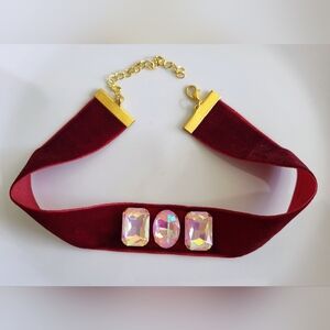 Wide Burgundy Velvet Choker with AB Faux Crystal Center
